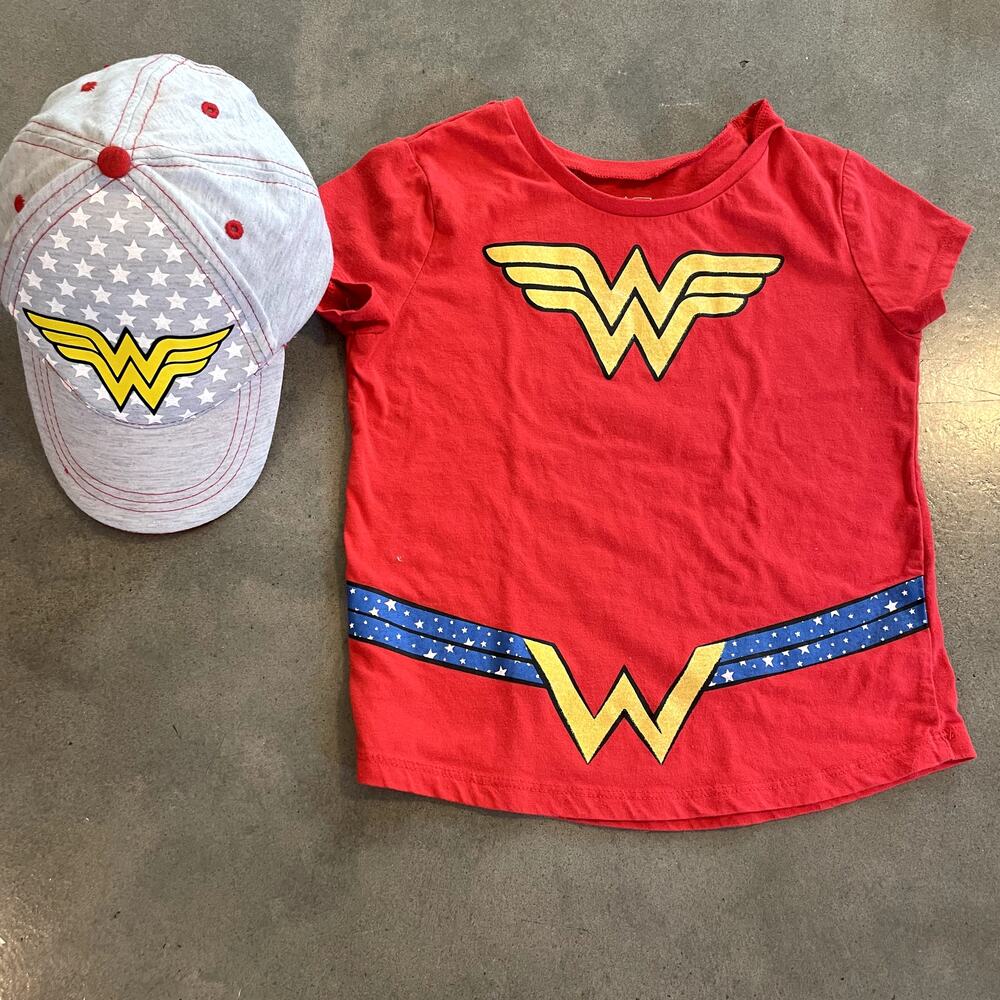 Wonder Woman red tee girls 7 gray WW cap hat bundle set